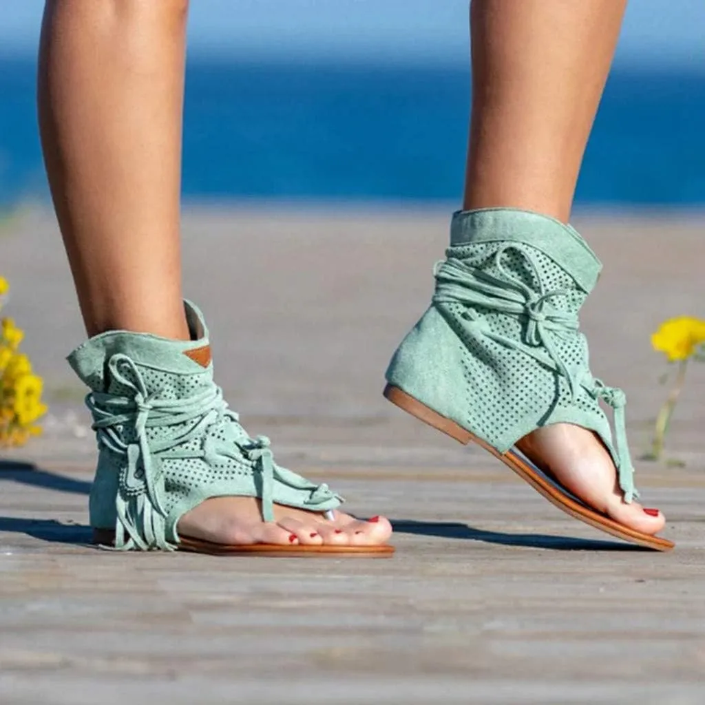 2020 PerhapsRio Tassel Sandals for Women,Retro Bohemian Gladiator Fringe Casual Sandals Flat Clip Toe Ankle Boots Beach Shoes T-Strap Roman Open-Toe Sandals