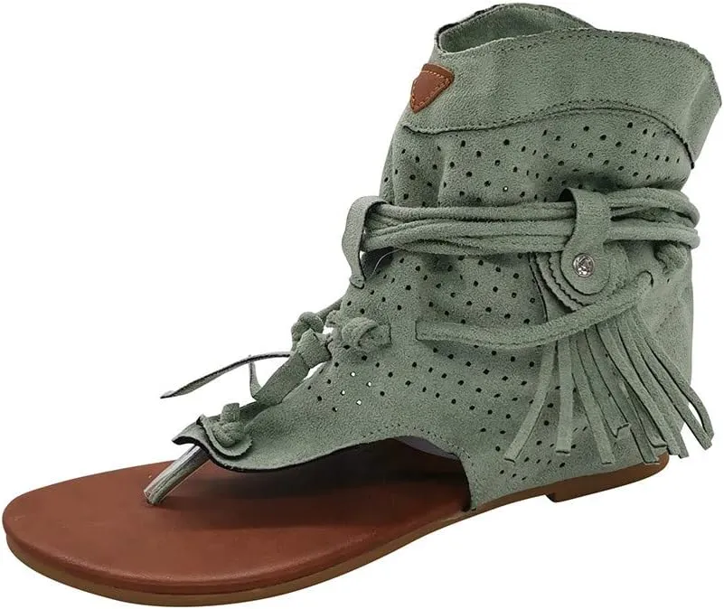 2020 PerhapsRio Tassel Sandals for Women,Retro Bohemian Gladiator Fringe Casual Sandals Flat Clip Toe Ankle Boots Beach Shoes T-Strap Roman Open-Toe Sandals