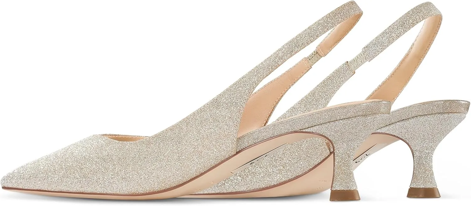 7or9 Women's Sandals Pointed Toe Slingback Kitten Heels Flared 2 Inch Low Pumps Dressy Wedding Air-Touch Foam Shoes - Black, White, Nude, Sparkly