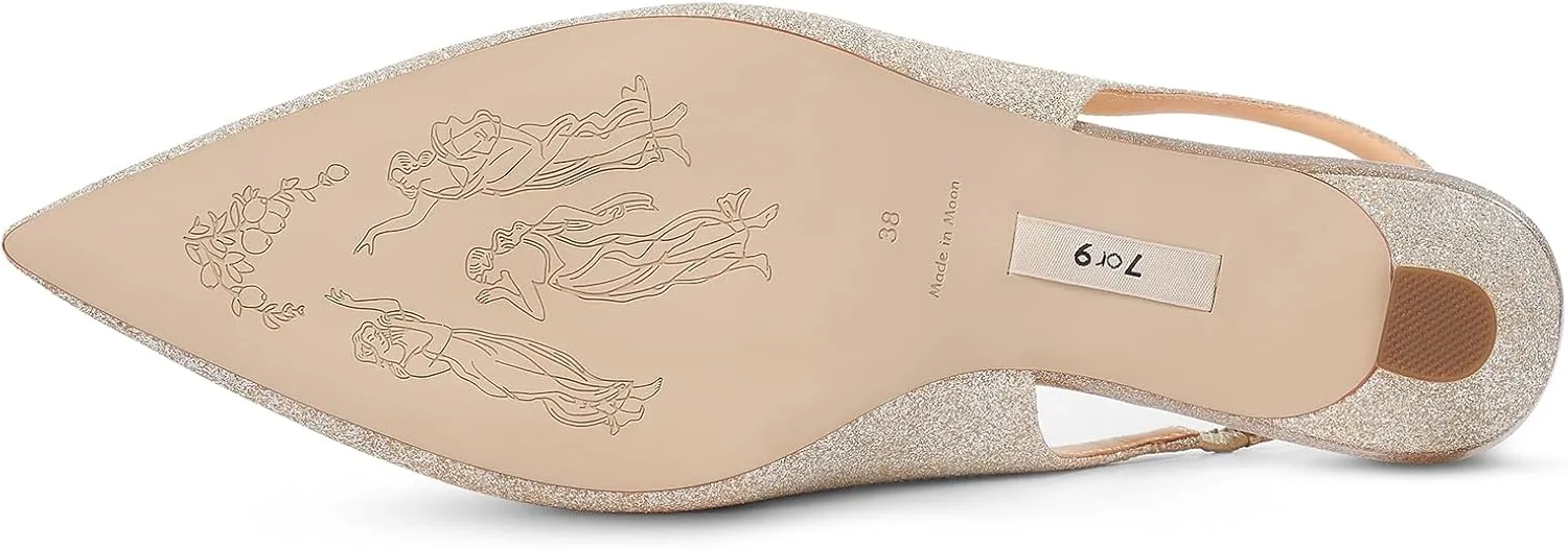 7or9 Women's Sandals Pointed Toe Slingback Kitten Heels Flared 2 Inch Low Pumps Dressy Wedding Air-Touch Foam Shoes - Black, White, Nude, Sparkly