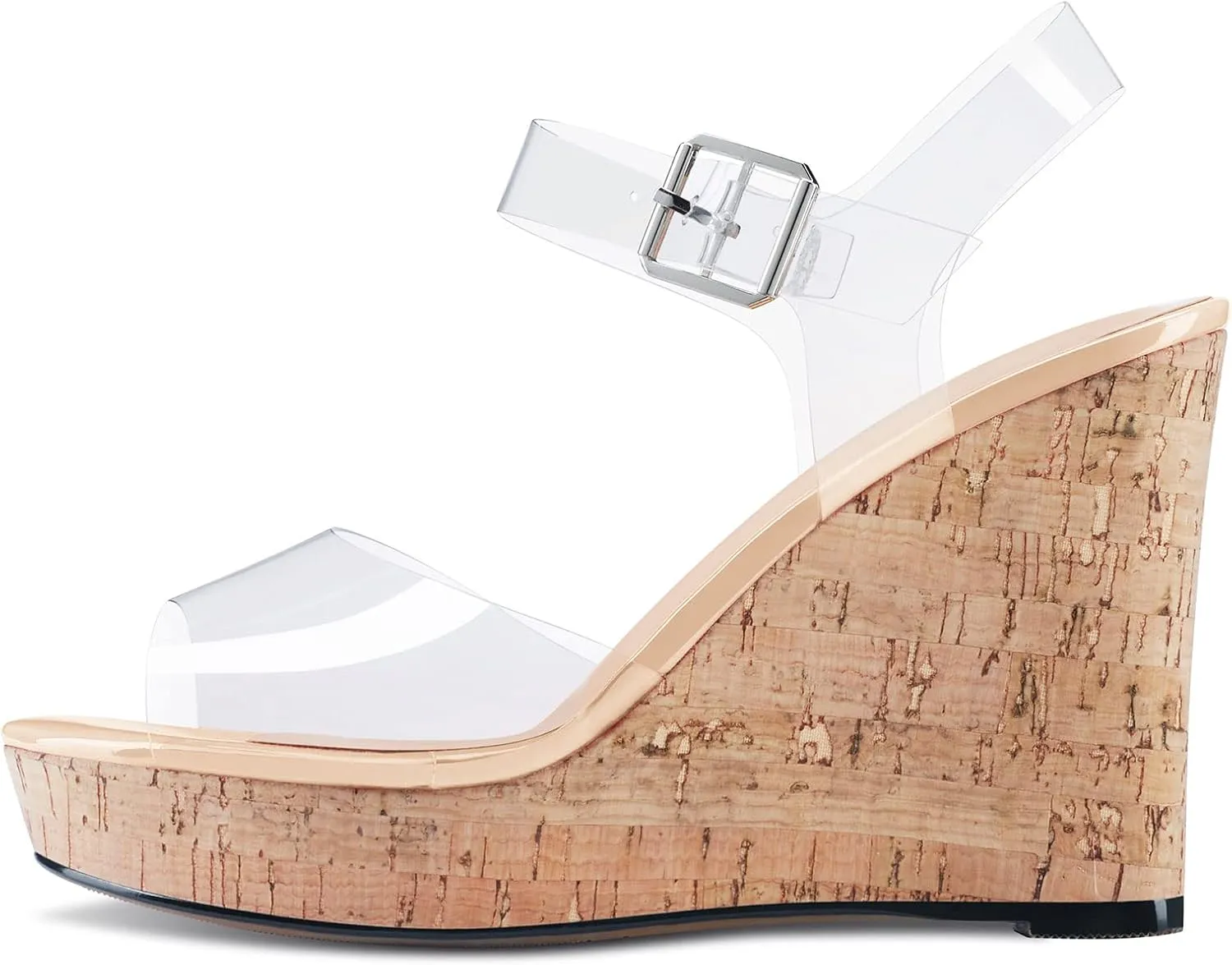 Aachcol Women Clear Platform Wedge Sandals Round Peep Open Toe Sexy Ankle Strap Slingback Two-Piece Chunky Block High Heel Dress Shoes Pumps Party Patent 4 Inch
