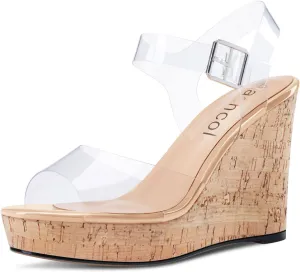 Aachcol Women Clear Platform Wedge Sandals Round Peep Open Toe Sexy Ankle Strap Slingback Two-Piece Chunky Block High Heel Dress Shoes Pumps Party Patent 4 Inch