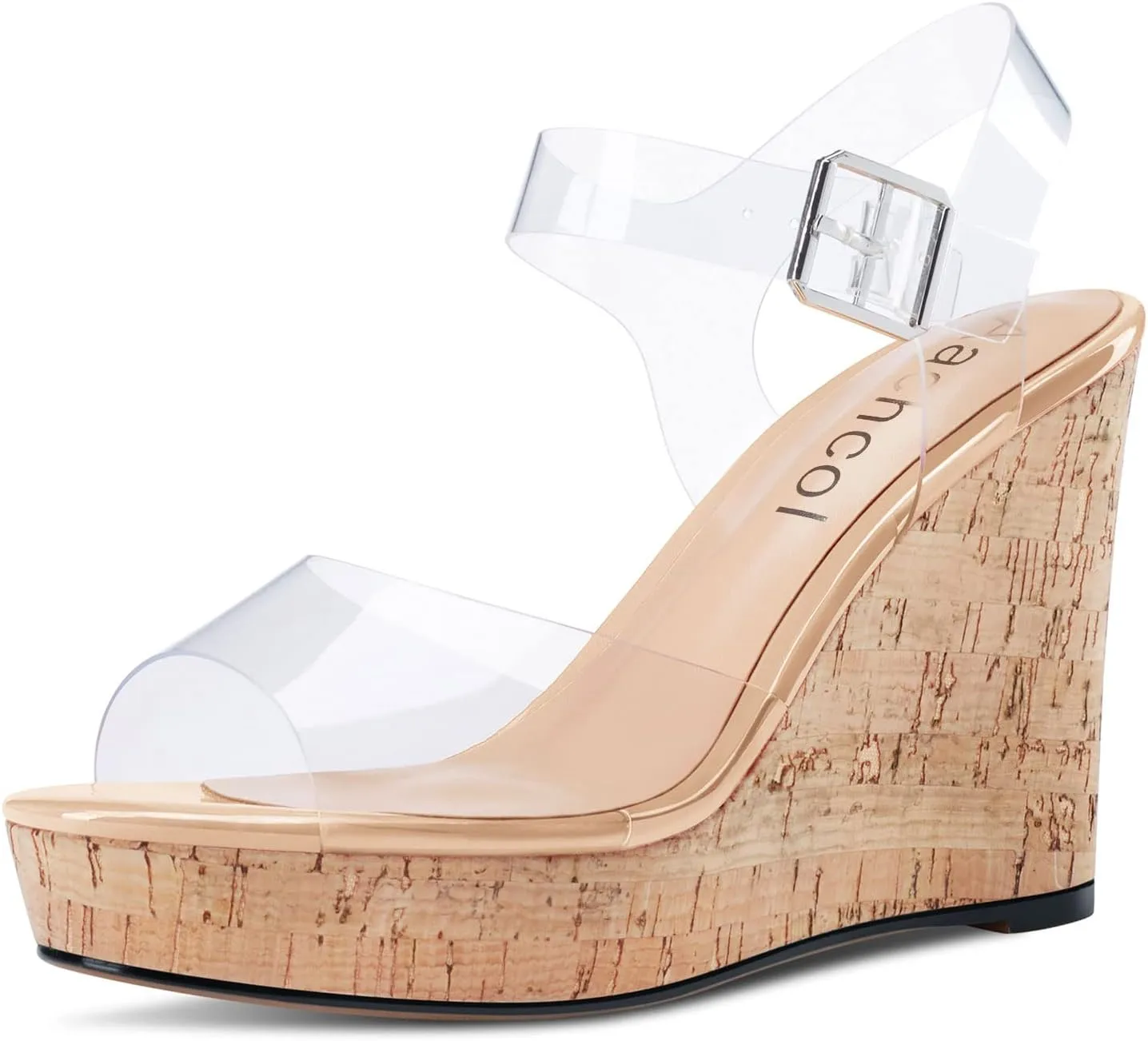 Aachcol Women Clear Platform Wedge Sandals Round Peep Open Toe Sexy Ankle Strap Slingback Two-Piece Chunky Block High Heel Dress Shoes Pumps Party Patent 4 Inch