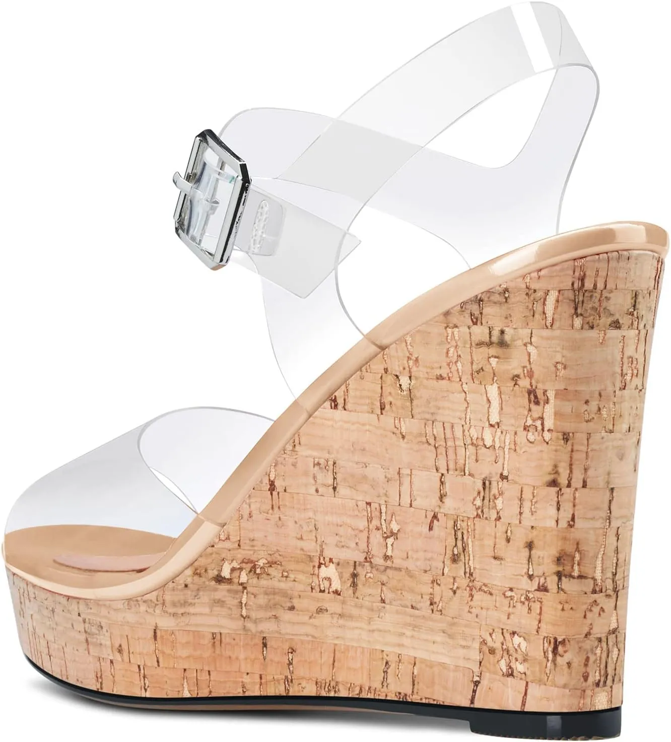 Aachcol Women Clear Platform Wedge Sandals Round Peep Open Toe Sexy Ankle Strap Slingback Two-Piece Chunky Block High Heel Dress Shoes Pumps Party Patent 4 Inch