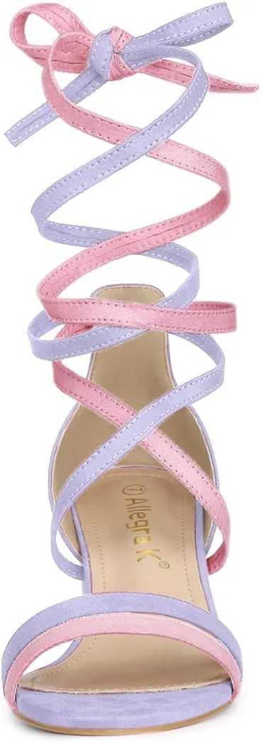 Allegra K Women's Open Toe Color Block Heel Lace Up Sandals