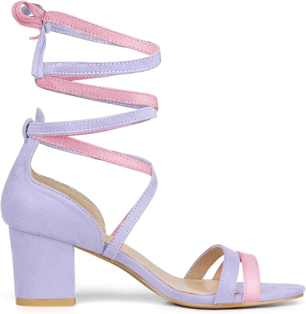 Allegra K Women's Open Toe Color Block Heel Lace Up Sandals