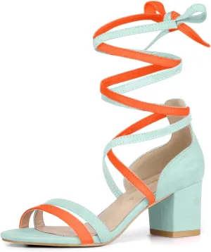 Allegra K Women's Open Toe Color Block Heel Lace Up Sandals