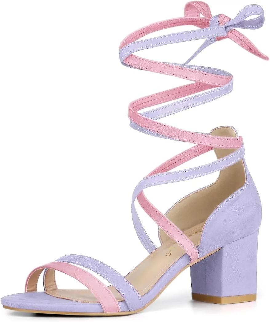 Allegra K Women's Open Toe Color Block Heel Lace Up Sandals