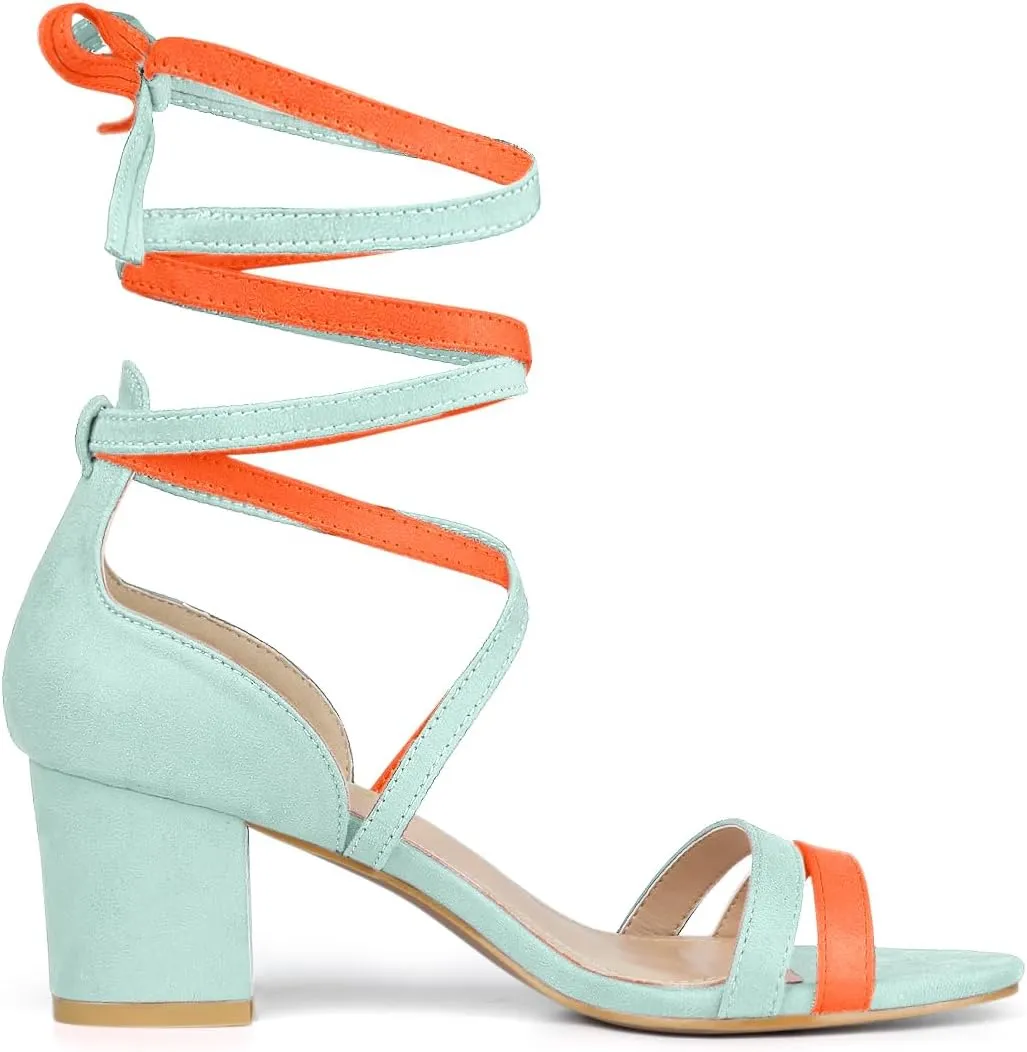 Allegra K Women's Open Toe Color Block Heel Lace Up Sandals