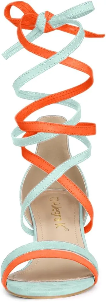 Allegra K Women's Open Toe Color Block Heel Lace Up Sandals