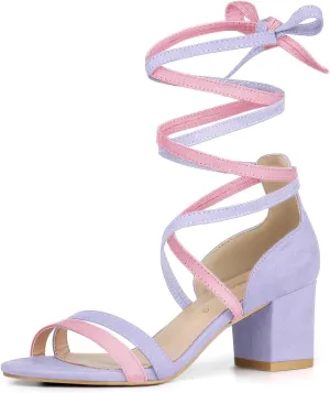Allegra K Women's Open Toe Color Block Heel Lace Up Sandals