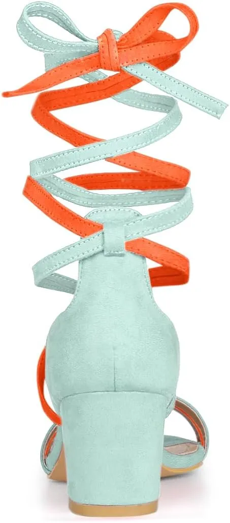 Allegra K Women's Open Toe Color Block Heel Lace Up Sandals