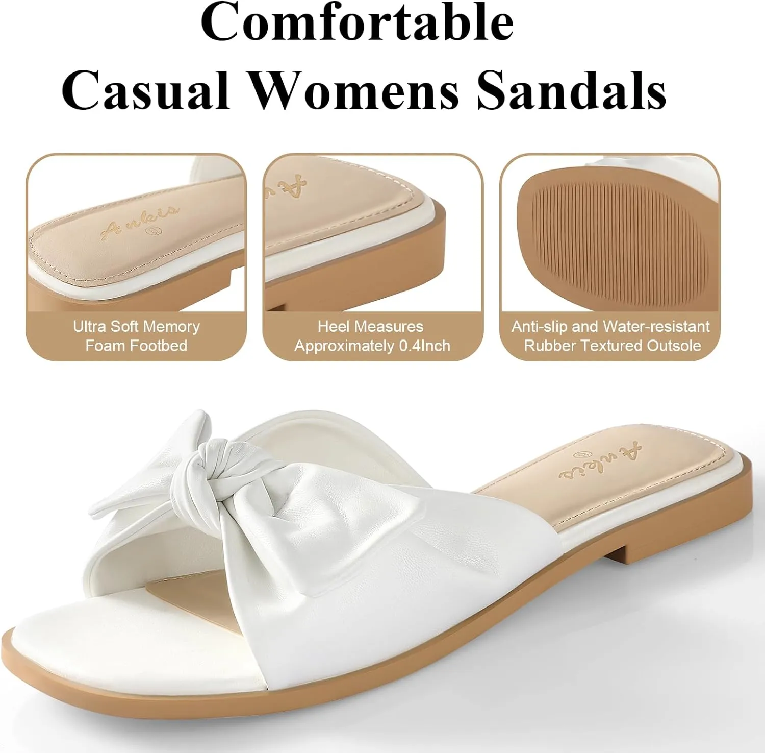 Ankis Womens Black White Flat Sandals for Women Dressy Comfortable Summer Beach Sandals for Women 2025 Cute Bow Square Open Toe Slide Sandals