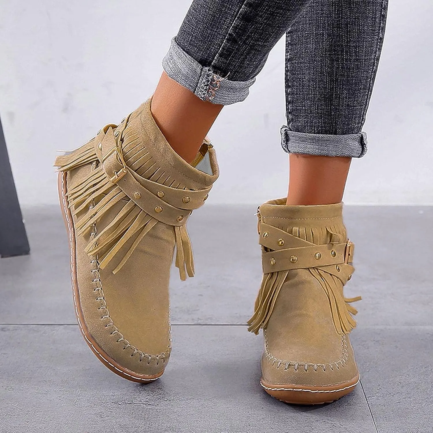 Ankle Boots for Women Flat Side Zip Vintage Womens Cowboy Boots Round Toe Fringe Buckle Straps Studded Western Cowboy Shoes