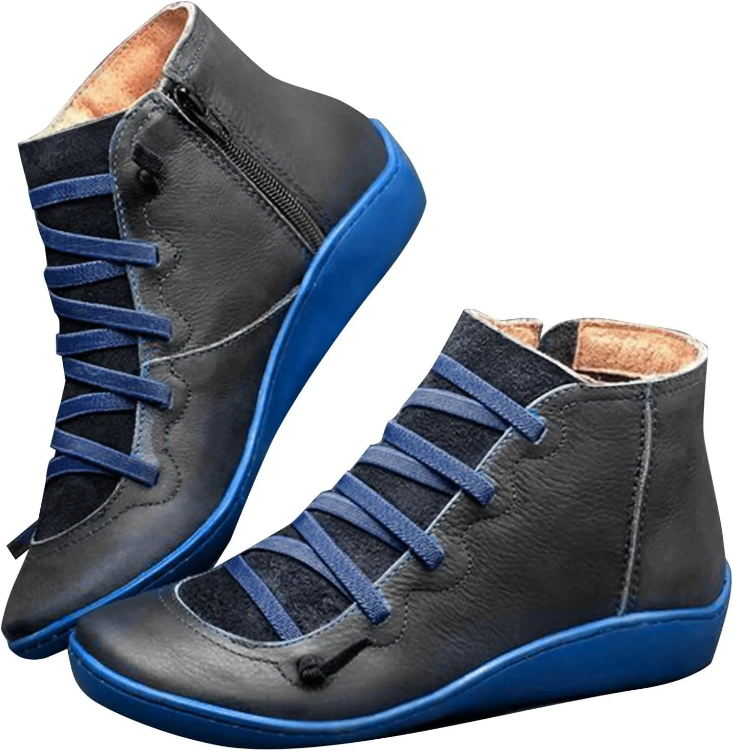 Ankle Boots for Women No Heel Women's Arch Support Fashion Lace up Side Zip Vintage Booties Flat Heel
