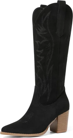 AOSPHIRAYLIAN Womens Knee High Boots for Women Pointed Toe Cowboy Cowgirl Boots with Embroidery Pull On Chunky Block High Heel Western Boots