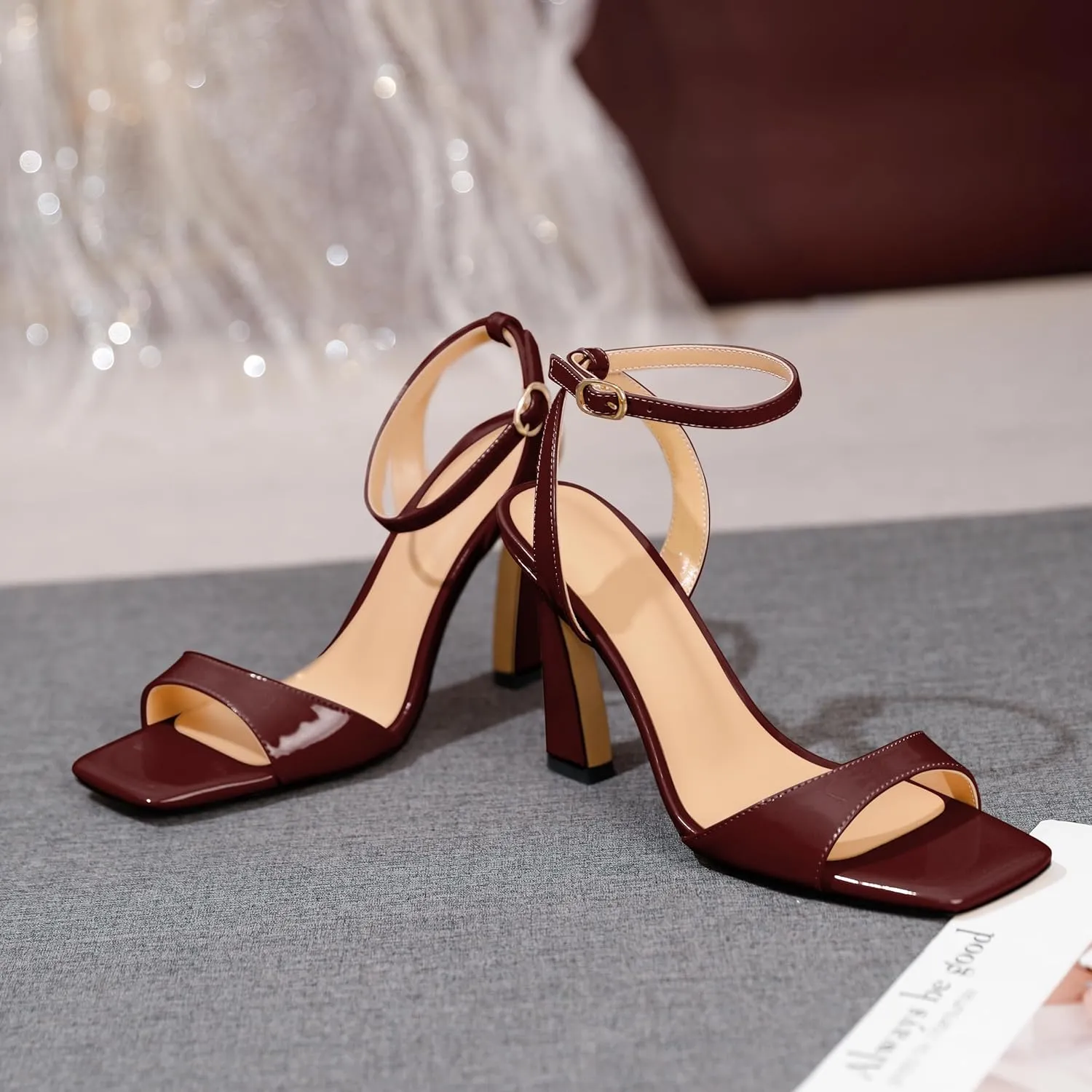 AUMOTED Womens Strappy Sandals Stilettos High Heel Square Open Toe Sandals Ankle Strap Patent Summer Flared Heeled Sandals 4 Inch