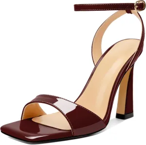 AUMOTED Womens Strappy Sandals Stilettos High Heel Square Open Toe Sandals Ankle Strap Patent Summer Flared Heeled Sandals 4 Inch