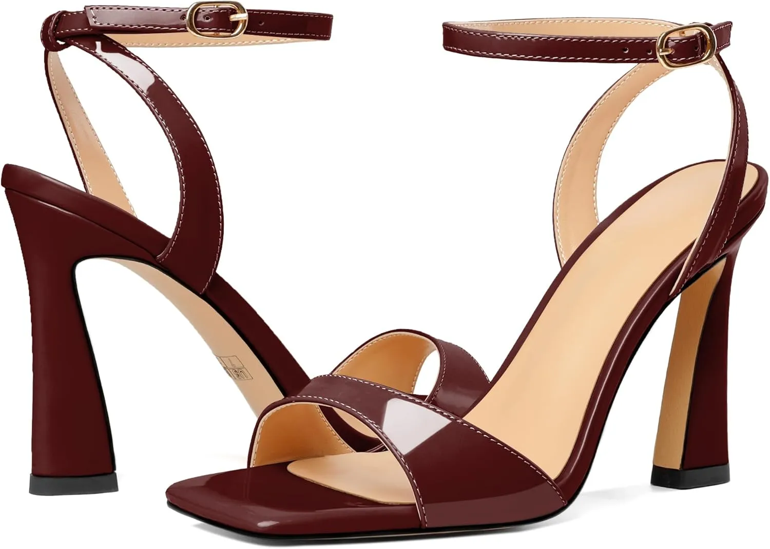 AUMOTED Womens Strappy Sandals Stilettos High Heel Square Open Toe Sandals Ankle Strap Patent Summer Flared Heeled Sandals 4 Inch