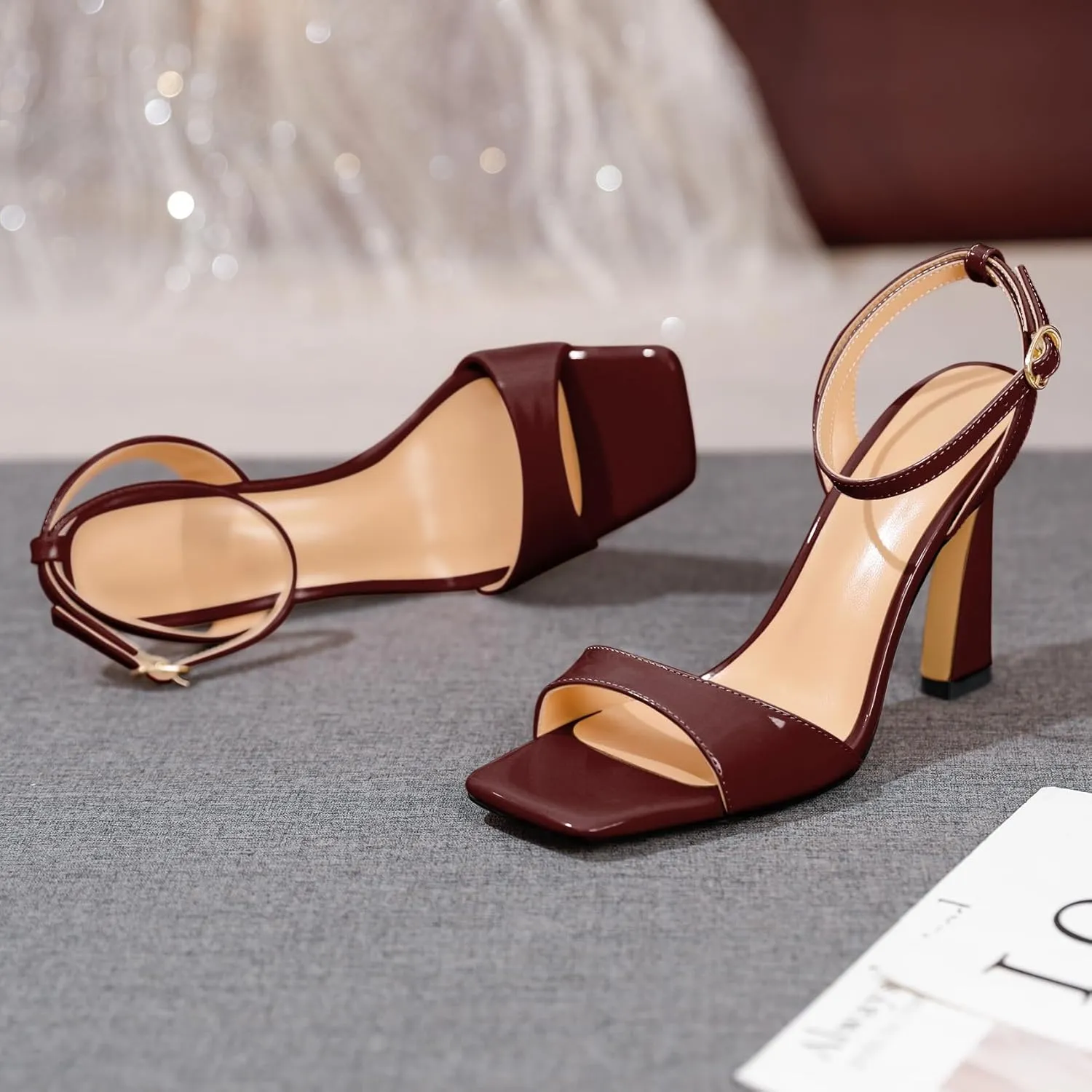 AUMOTED Womens Strappy Sandals Stilettos High Heel Square Open Toe Sandals Ankle Strap Patent Summer Flared Heeled Sandals 4 Inch