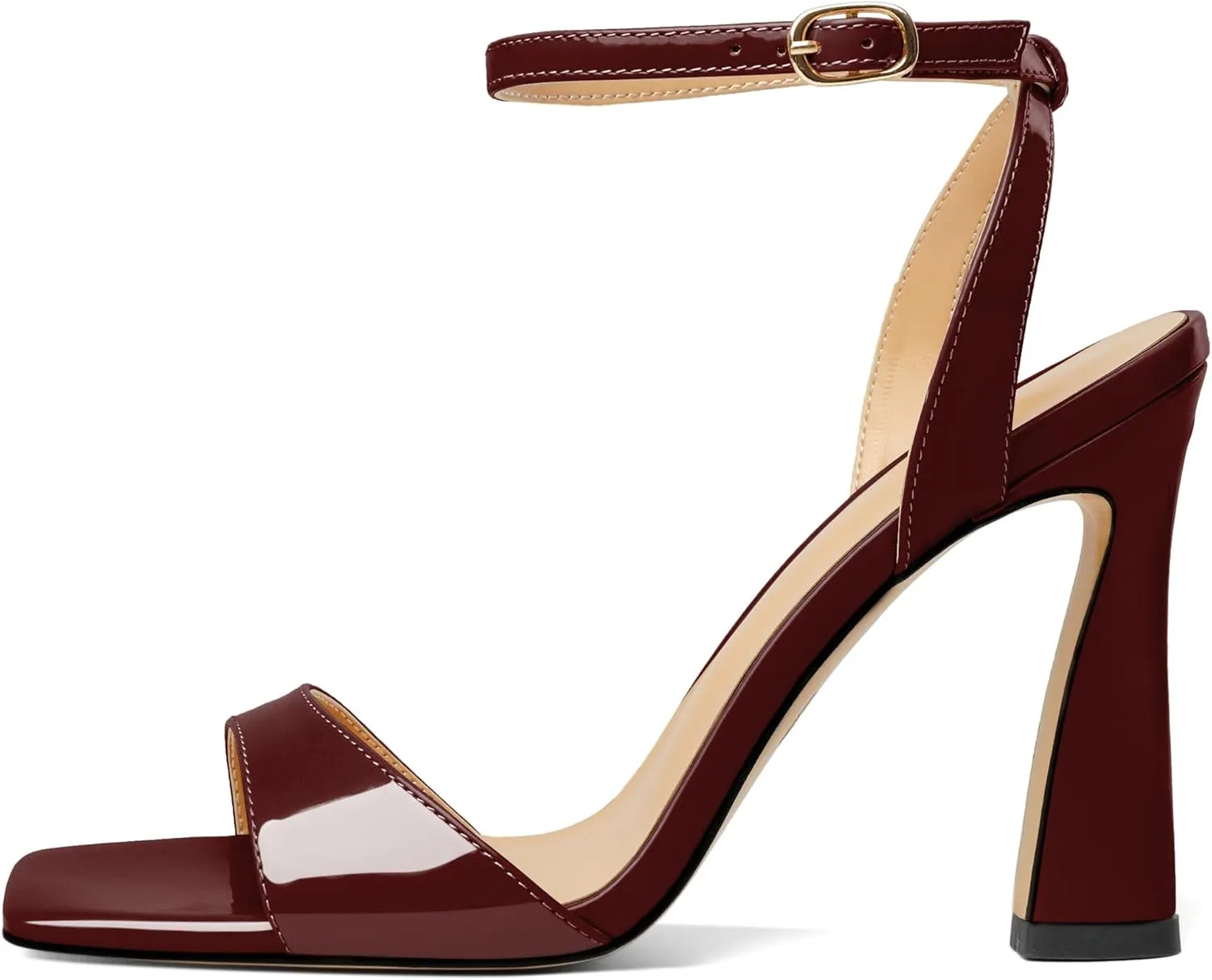 AUMOTED Womens Strappy Sandals Stilettos High Heel Square Open Toe Sandals Ankle Strap Patent Summer Flared Heeled Sandals 4 Inch