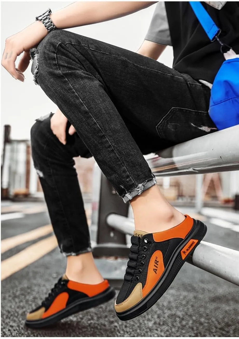 Backless Tennis Shoes for Men Wide Mule Sneakers Slip on House Slippers Platform Lace Up Breathable Mesh Lightweight Casual Walking Slides Office Business Comfort Wear Shoes Gym Sports Indoor Outdoor