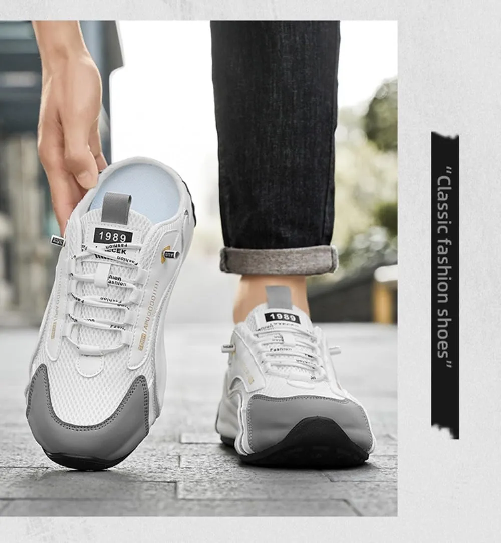 Backless Tennis Shoes for Men Wide Mule Sneakers Slip on House Slippers Platform No Slip Chunky Sole Breathable Mesh Lightweight Leather Casual Walking Slides Lace Up Comfort Wear Shoes Gym Sports