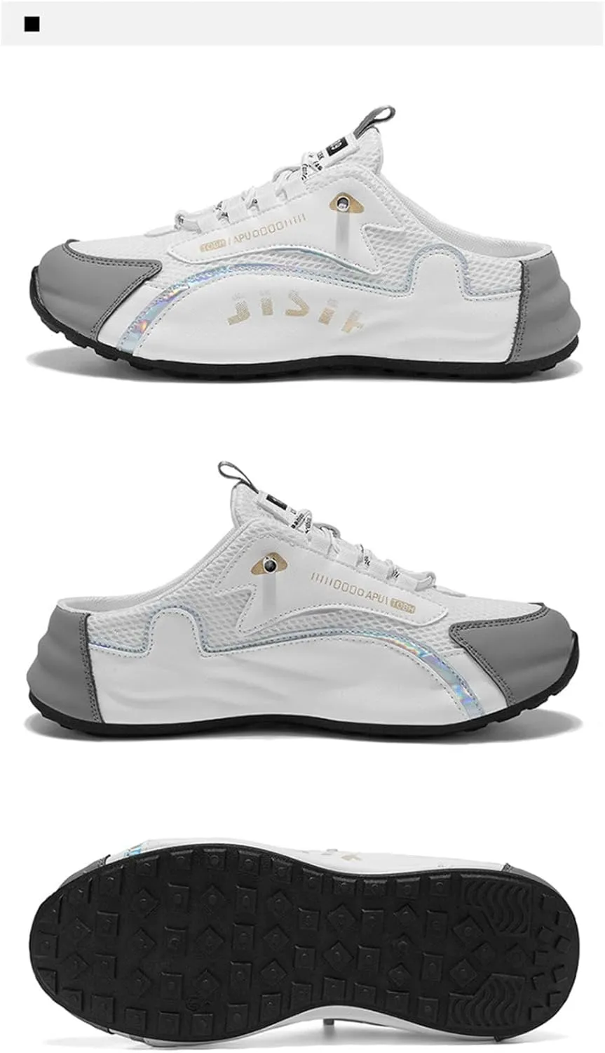 Backless Tennis Shoes for Men Wide Mule Sneakers Slip on House Slippers Platform No Slip Chunky Sole Breathable Mesh Lightweight Leather Casual Walking Slides Lace Up Comfort Wear Shoes Gym Sports