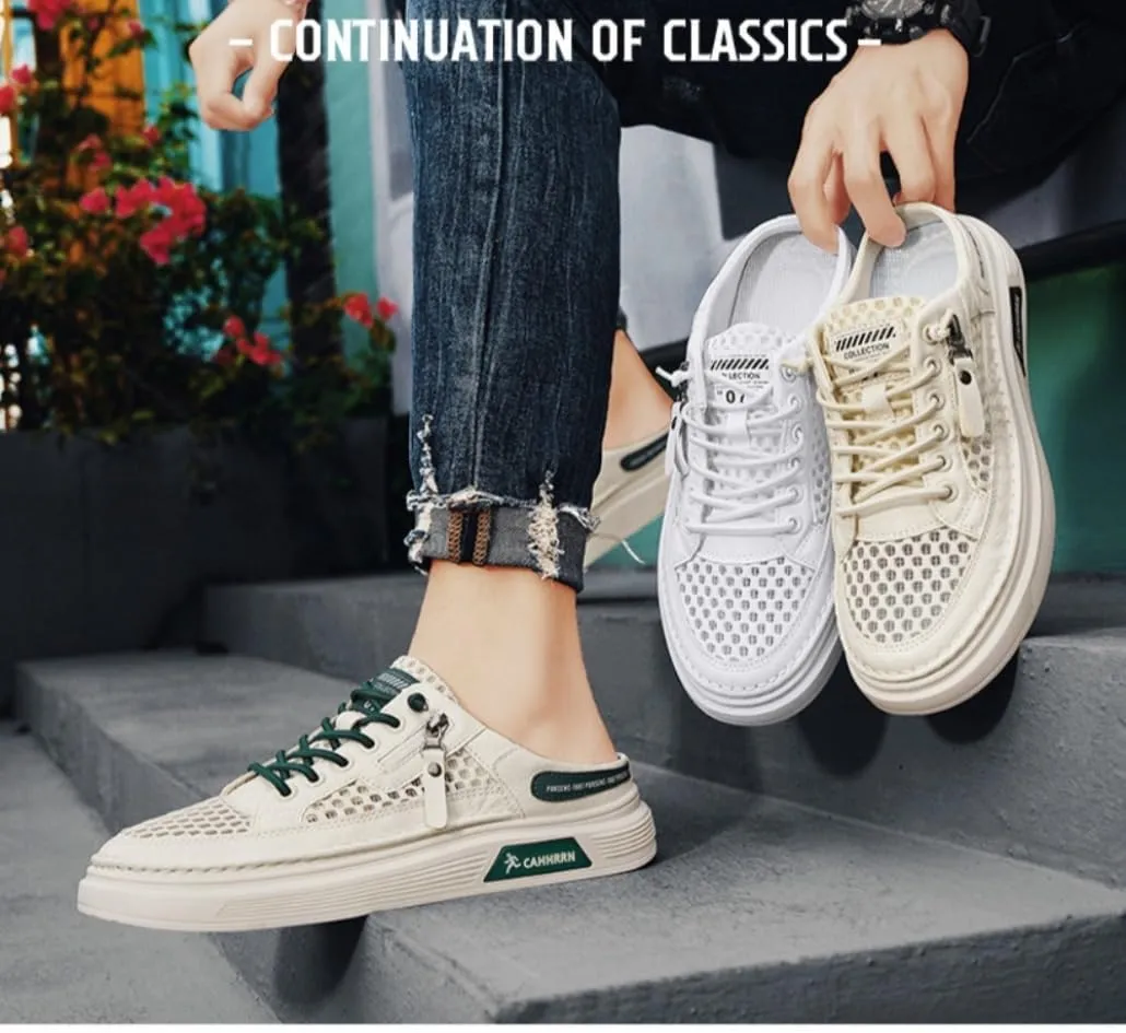 Backless Tennis Shoes for Men Wide Mule Sneakers Slip on House Slippers Platform No Slip Sole Breathable Mesh Lightweight Casual Walking Slides Lace Up Zipper Decors Comfort Wear Shoes Gym Sports