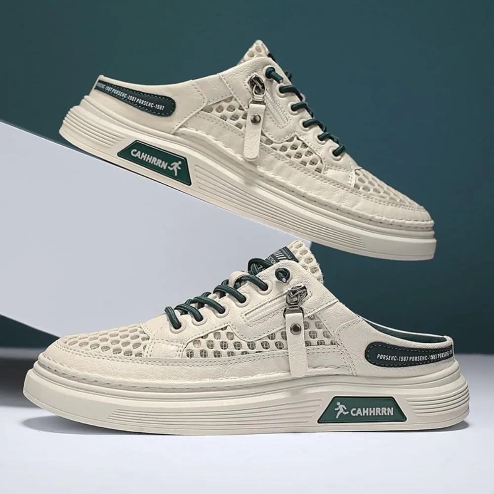 Backless Tennis Shoes for Men Wide Mule Sneakers Slip on House Slippers Platform No Slip Sole Breathable Mesh Lightweight Casual Walking Slides Lace Up Zipper Decors Comfort Wear Shoes Gym Sports