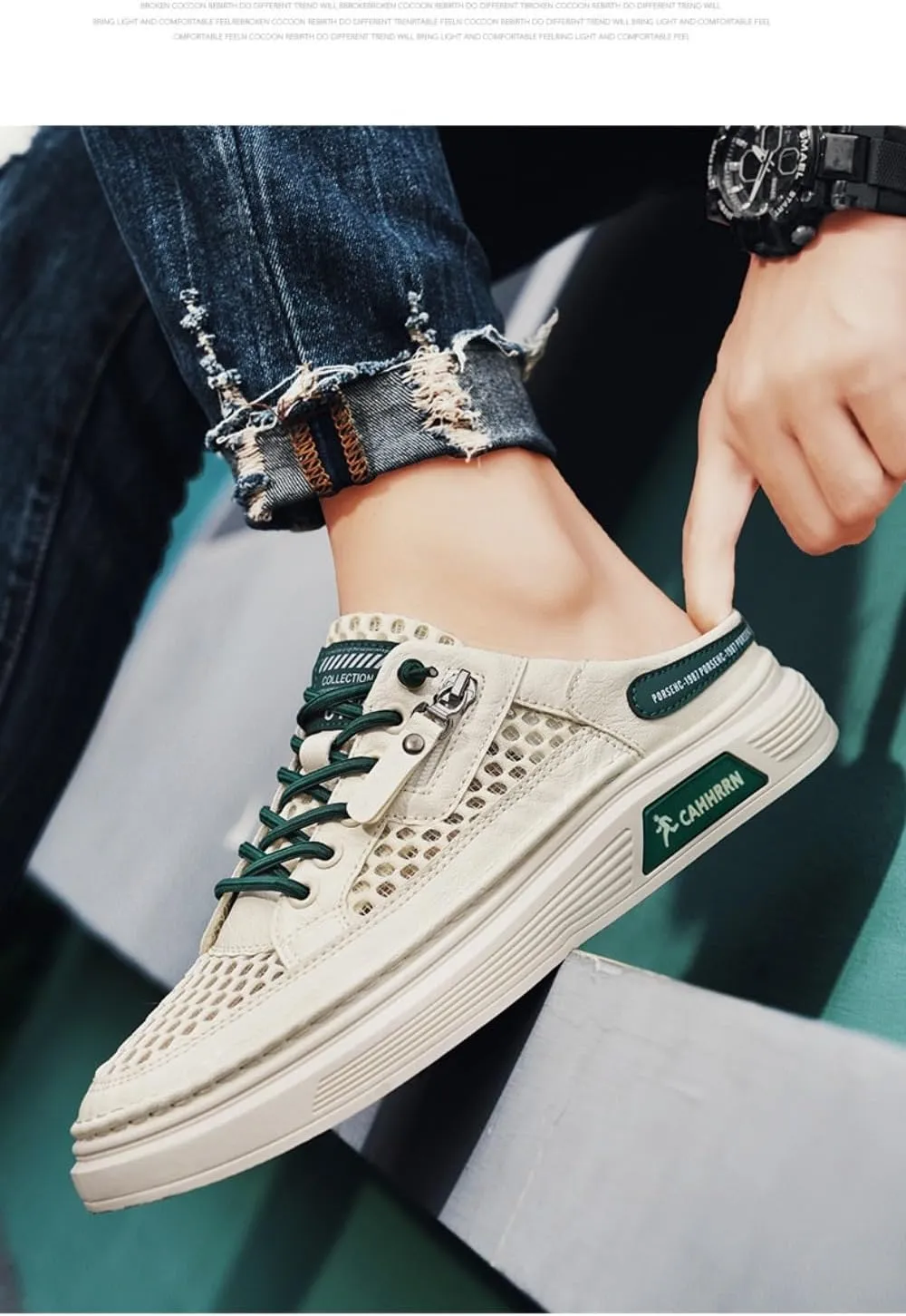 Backless Tennis Shoes for Men Wide Mule Sneakers Slip on House Slippers Platform No Slip Sole Breathable Mesh Lightweight Casual Walking Slides Lace Up Zipper Decors Comfort Wear Shoes Gym Sports