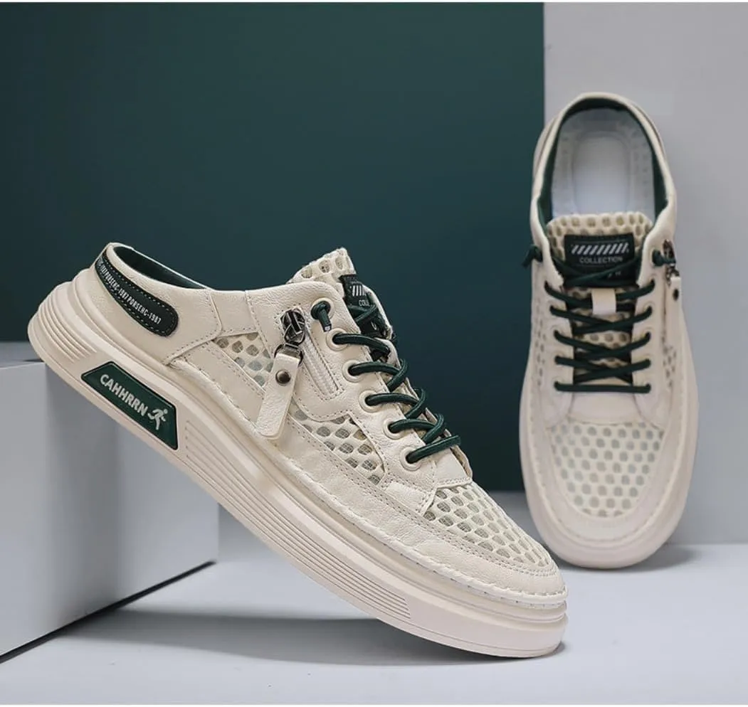 Backless Tennis Shoes for Men Wide Mule Sneakers Slip on House Slippers Platform No Slip Sole Breathable Mesh Lightweight Casual Walking Slides Lace Up Zipper Decors Comfort Wear Shoes Gym Sports