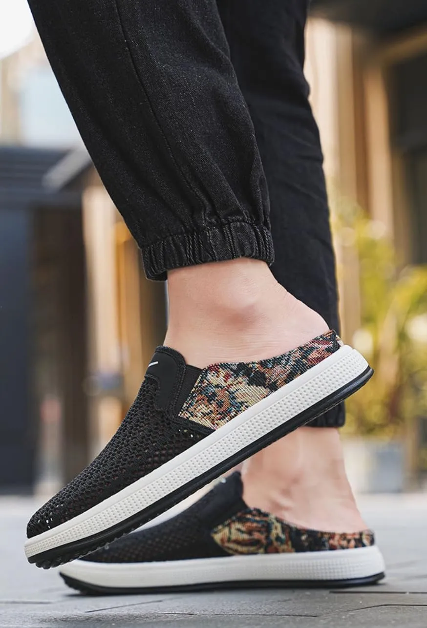 Backless Tennis Shoes for Men Wide Mule Sneakers Slip on House Slippers Platform Open Back Sneakers Casual Sports Shoes Lightweight Breathable Hollow Mesh Comfort Walking Slides Summer Travel Driving