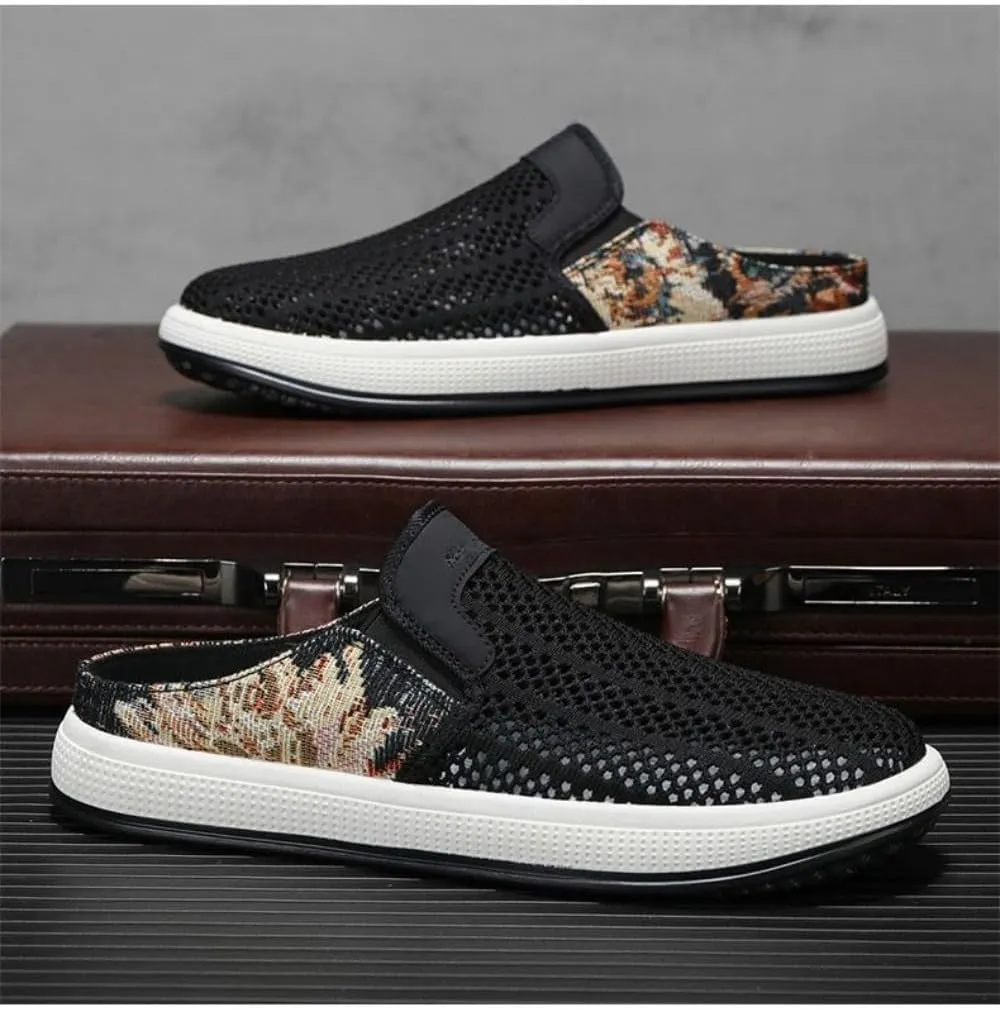 Backless Tennis Shoes for Men Wide Mule Sneakers Slip on House Slippers Platform Open Back Sneakers Casual Sports Shoes Lightweight Breathable Hollow Mesh Comfort Walking Slides Summer Travel Driving
