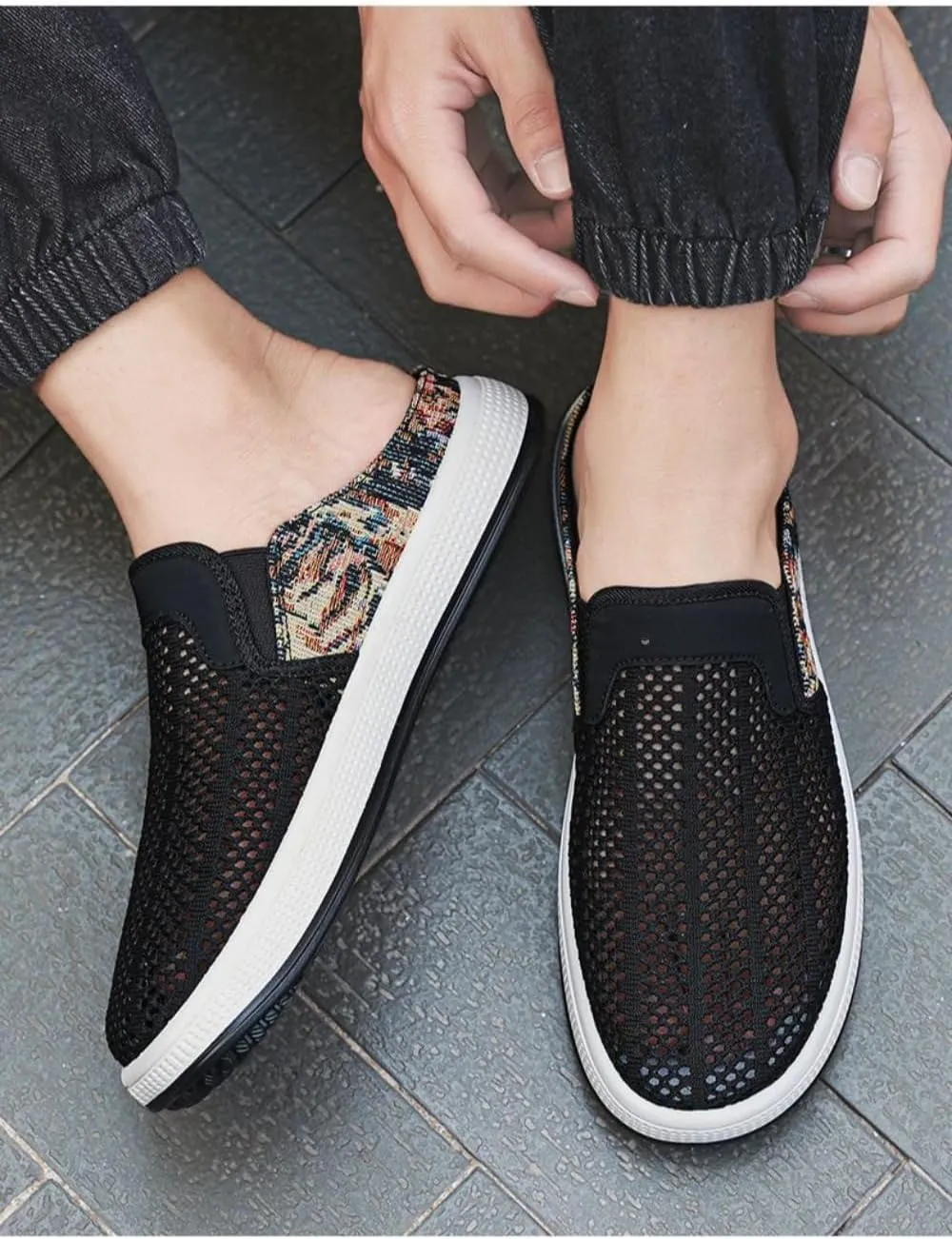 Backless Tennis Shoes for Men Wide Mule Sneakers Slip on House Slippers Platform Open Back Sneakers Casual Sports Shoes Lightweight Breathable Hollow Mesh Comfort Walking Slides Summer Travel Driving