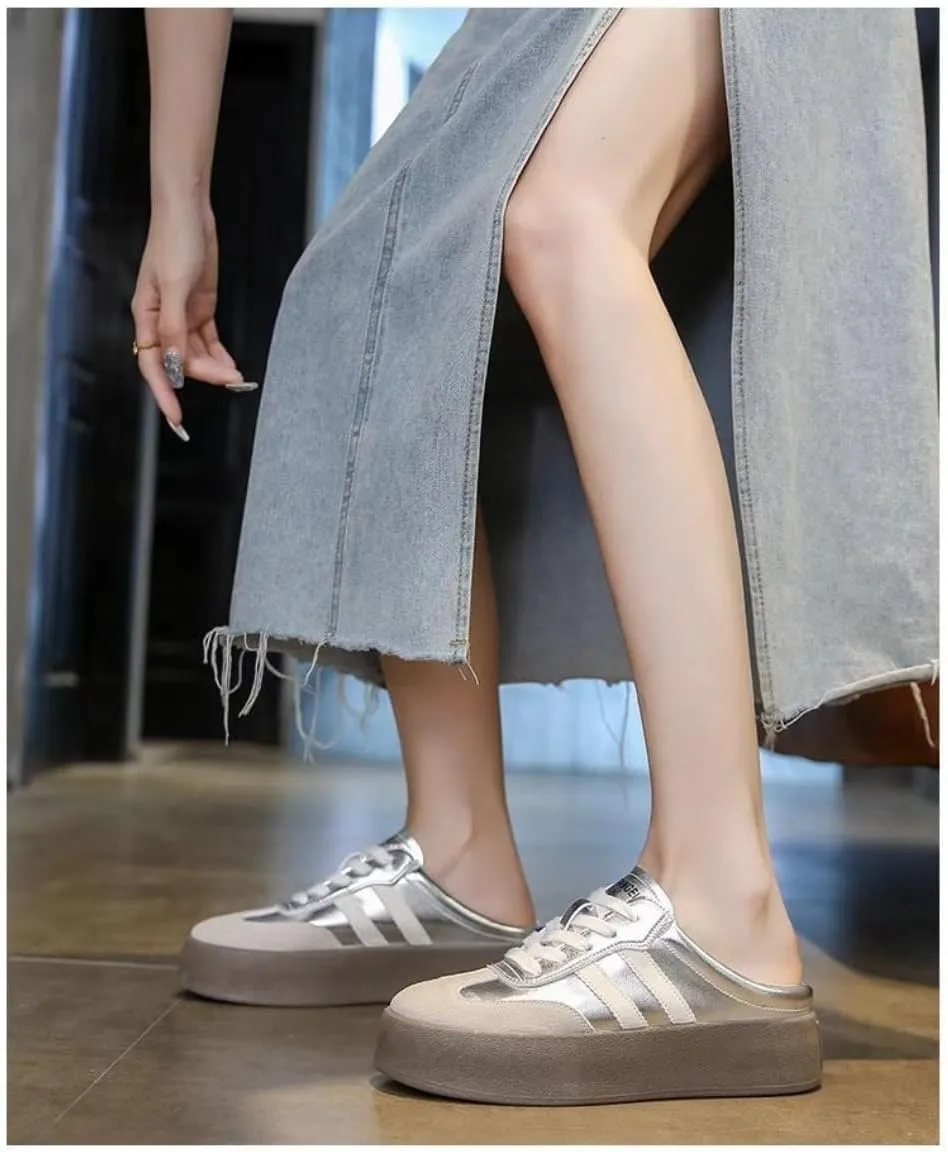 Backless Tennis Shoes for Women Wide Mule Sneakers Slip on Backless Sneakers Platform Canvas Mules Non Slip Chunky Thick Sole Lace Up Breathable Mesh Casual Walking Slides Lightweight Round Toe Girl