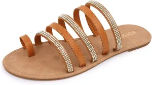 BENEKER Women's Strappy Slide Sandals Rhinestone Open Toe Gladiator Flat Sandals Slip On Toe Ring Slide Casual Summer Beach Sandals