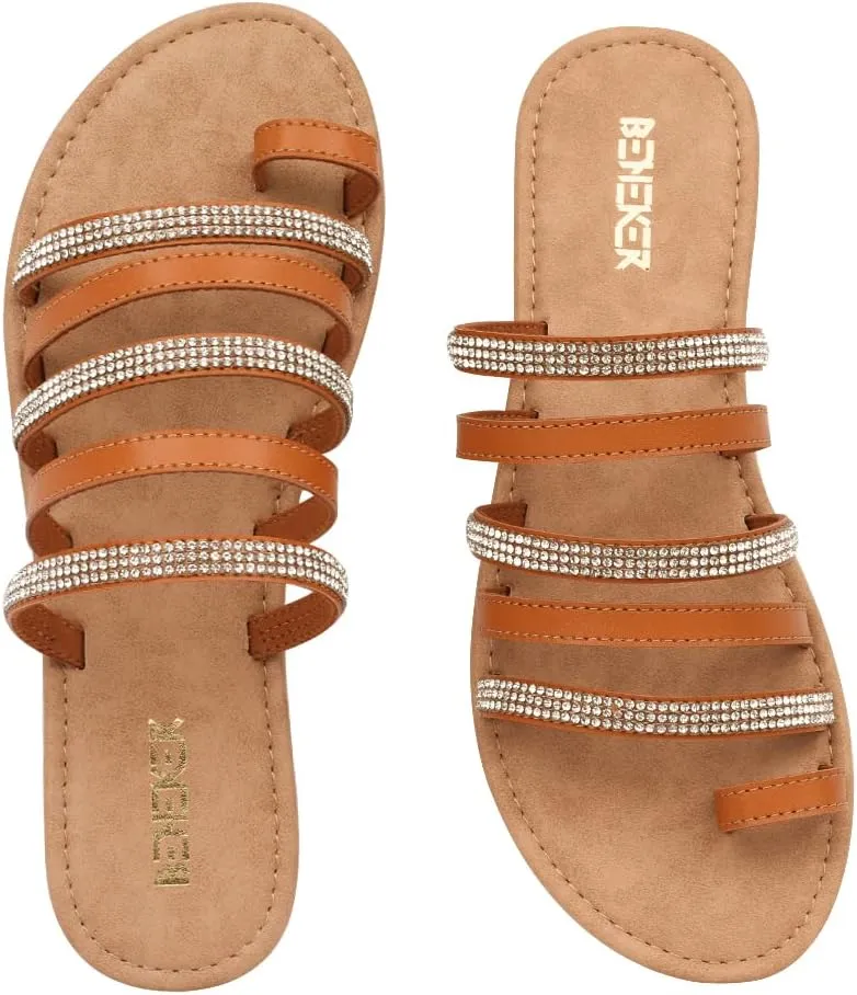 BENEKER Women's Strappy Slide Sandals Rhinestone Open Toe Gladiator Flat Sandals Slip On Toe Ring Slide Casual Summer Beach Sandals