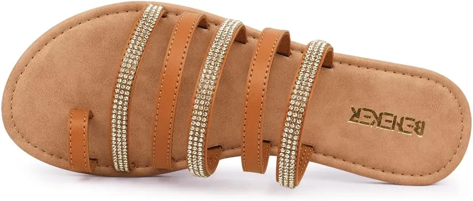 BENEKER Women's Strappy Slide Sandals Rhinestone Open Toe Gladiator Flat Sandals Slip On Toe Ring Slide Casual Summer Beach Sandals