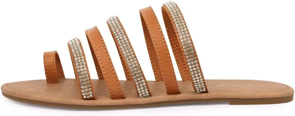 BENEKER Women's Strappy Slide Sandals Rhinestone Open Toe Gladiator Flat Sandals Slip On Toe Ring Slide Casual Summer Beach Sandals