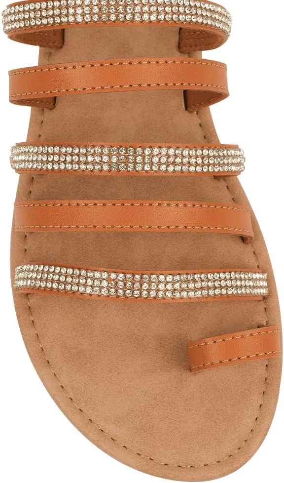 BENEKER Women's Strappy Slide Sandals Rhinestone Open Toe Gladiator Flat Sandals Slip On Toe Ring Slide Casual Summer Beach Sandals