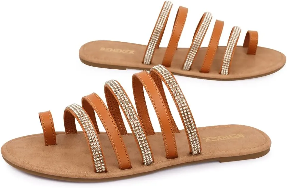 BENEKER Women's Strappy Slide Sandals Rhinestone Open Toe Gladiator Flat Sandals Slip On Toe Ring Slide Casual Summer Beach Sandals