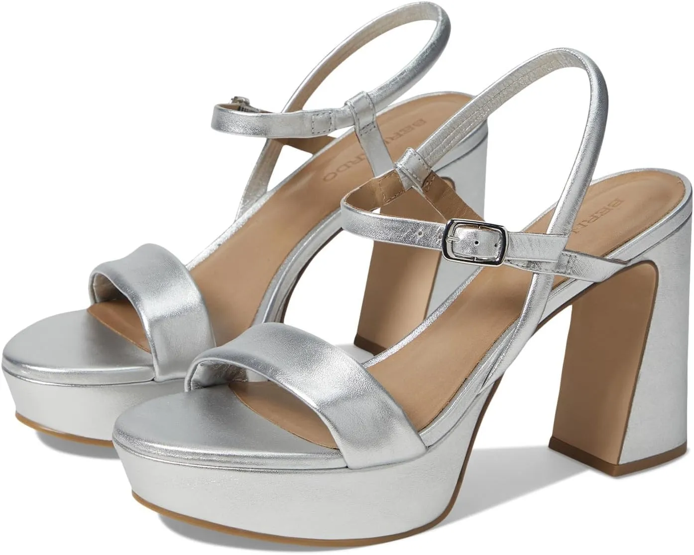 Bernardo® Ventura Heeled Sandals for Women – Leather Construction – Rubber Outsole – Ankle Buckle Closure Silver 7.5 M