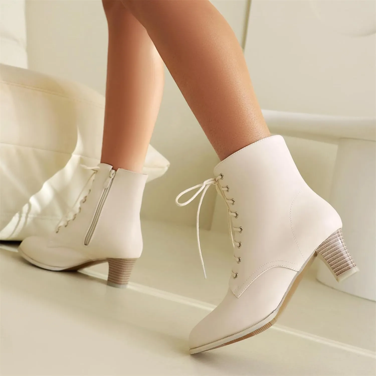 Betastella Women's Lace Up Booties Chunky Heel Ankle Boots Side Zip Short Boots Dress Shoes