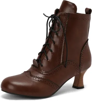 Betastella Womens Vintage Renaissance Boots Kitten Heel Lace Up Victorian Boots Round Toe Chunky Heel Ankle Boots Wingtip Brogue Witch Booties