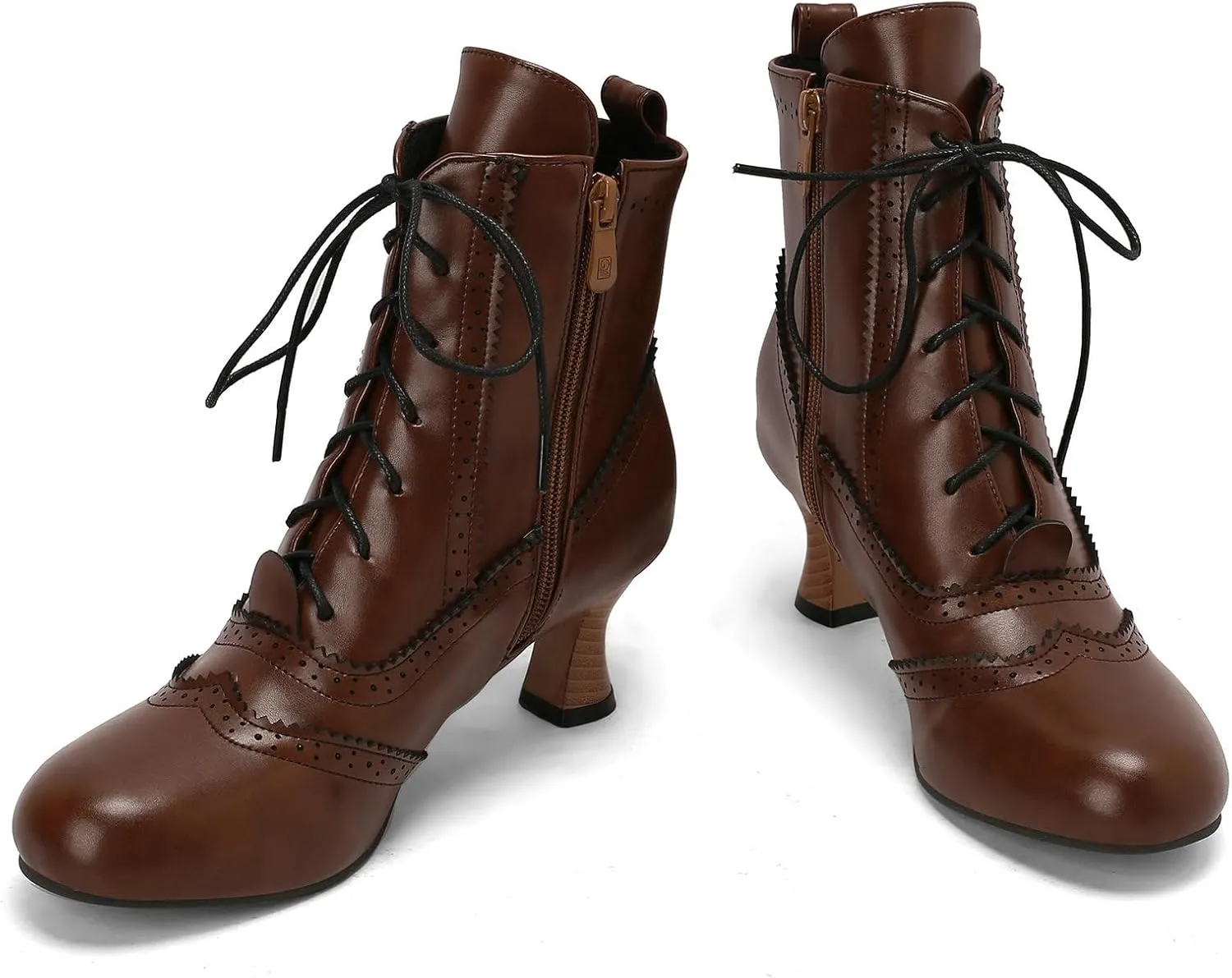 Betastella Womens Vintage Renaissance Boots Kitten Heel Lace Up Victorian Boots Round Toe Chunky Heel Ankle Boots Wingtip Brogue Witch Booties