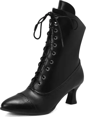 Betastella Womens Vintage Style Renaissance Boots Kitten Heel Lace Up Victorian Boots Pointed Toe Chunky Heel Ankle Boots Wingtip Witch Booties