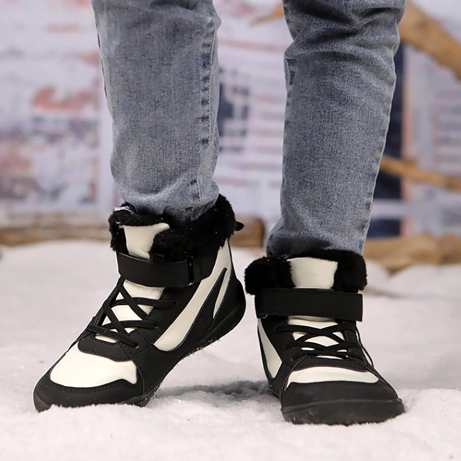 Big Kids Barefoot F𝐮r Lined Boots Boys Girls Black Running Snow Fleece Boots Fuzzy Hiking Walking Flat Shoes