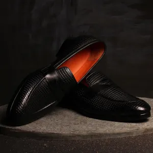 Black Glossed Woven detail Penny Loafers