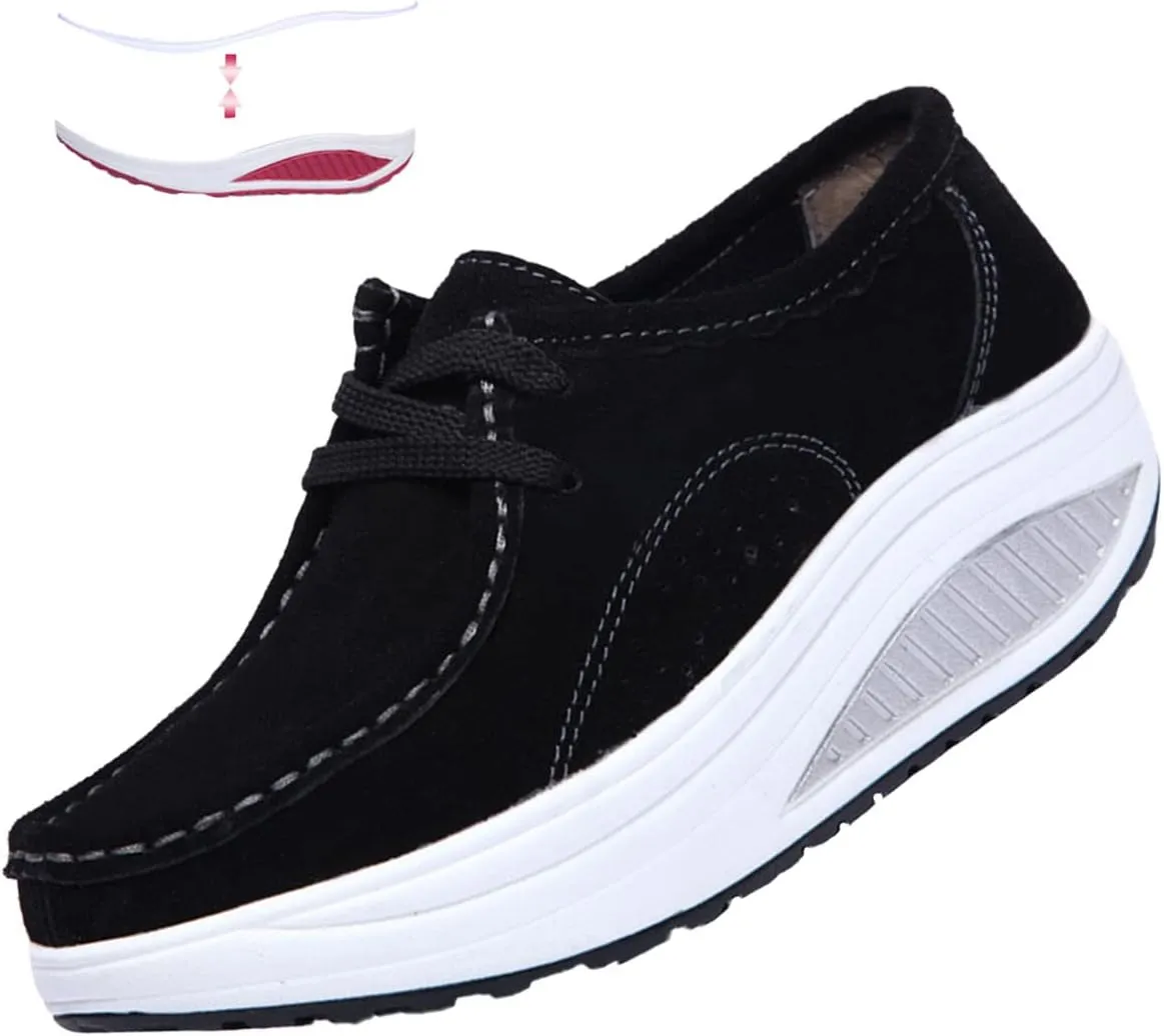 BlackeEight Women's Pain Relief Walk Shoes Lightweight Comfy Suede Casual Lace-up Low Height Antiskid Wedge Orthotic Nurse Sneakers